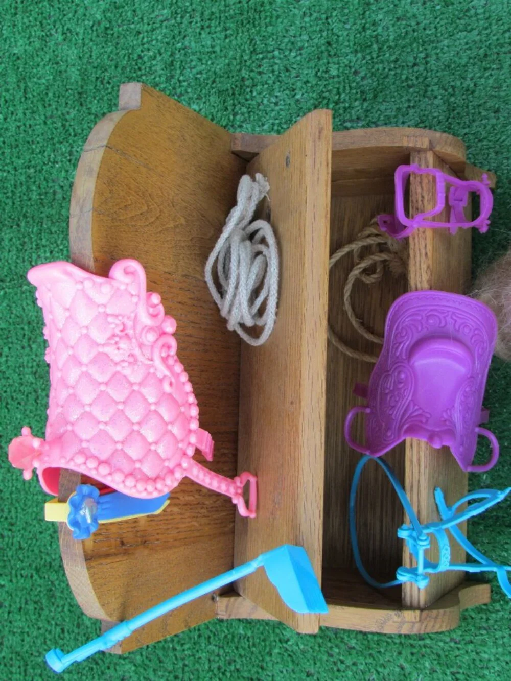 BARBIE WESTERN STAR HORSE + TRAILER, SADDLES, WOODEN TACK BOX BENCH, MISC LOT